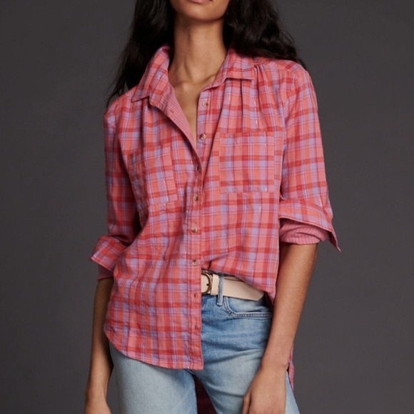 Anthropologie Tops - NWOT Anthropologie Seen Worn Kept Romy Pink Plaid Buttondown Long Sleeve Top
